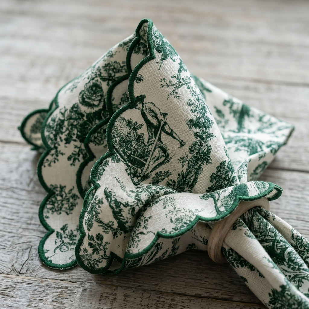 Green Toile de Jouy Scallop Linen Napkins Set of 6 | Premium French Dining