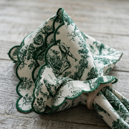 Green Toile de Jouy Scallop Linen Napkins Set of 6 | Premium French Dining