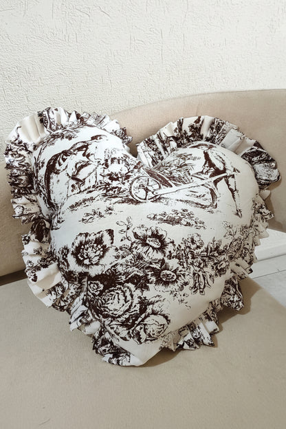 Close-up of brown Toile pattern on heart cushion - Viraasa