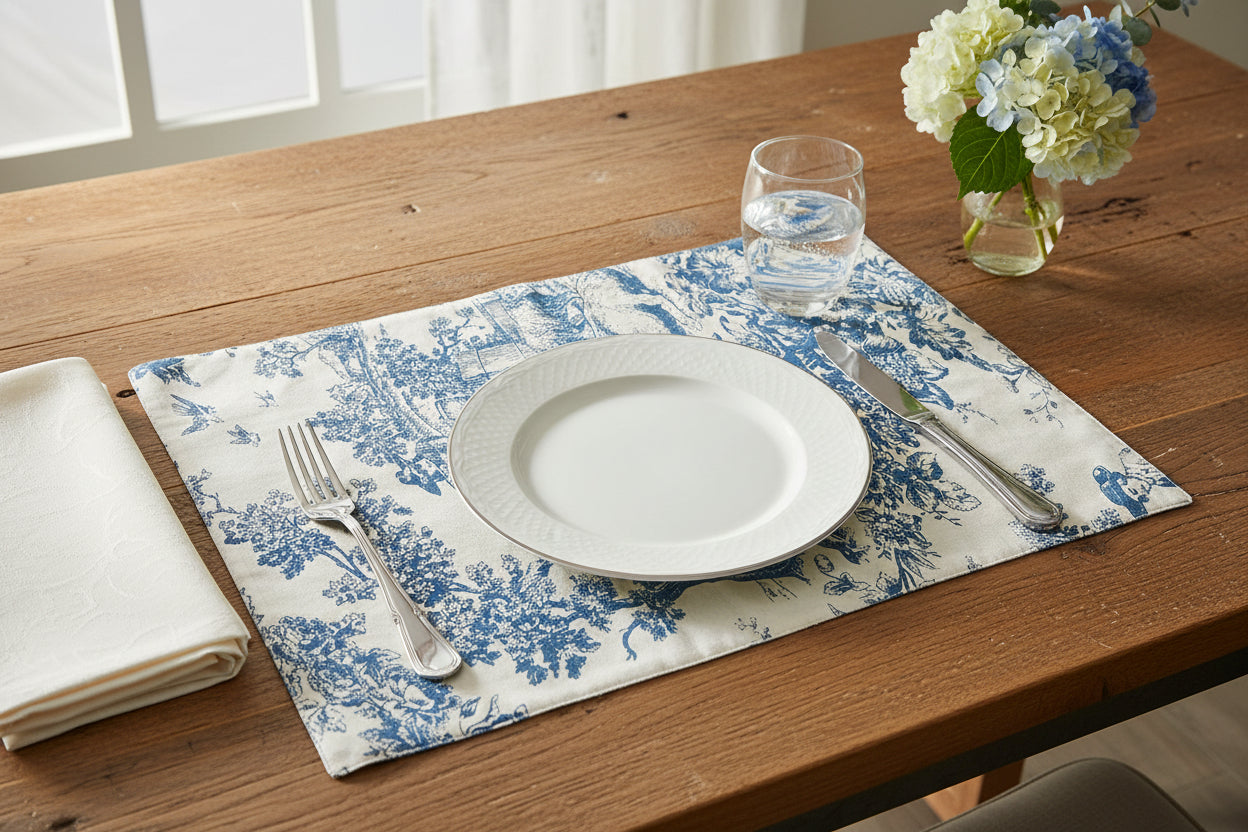 Dining table setting with a blue and white patterned placemat, white plate, silver fork, knife, and glass of water.