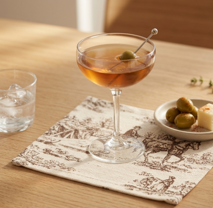 Brown Toile cocktail napkins styled on dining table - Viraasa
