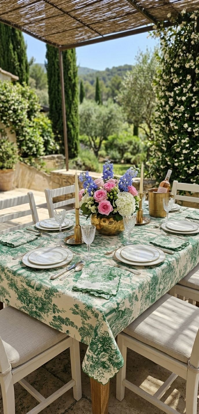 Green Toile de Jouy Table Cover & Napkins Set | Table Cover with 6 Scallop Napkins