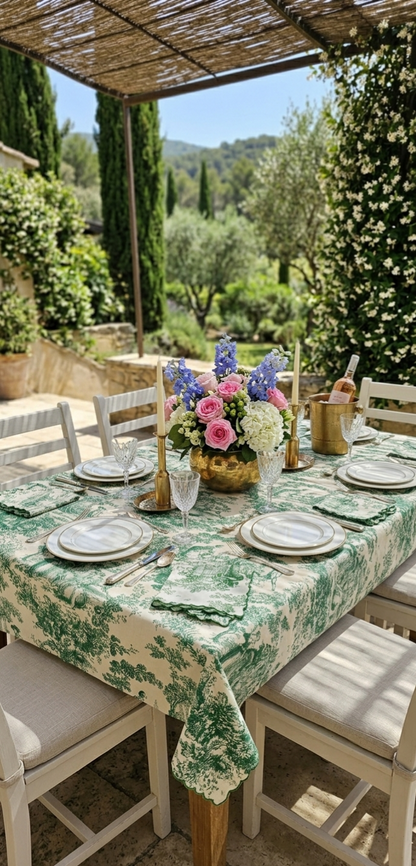 Green Toile de Jouy Table Cover & Napkins Set | Table Cover with 6 Scallop Napkins