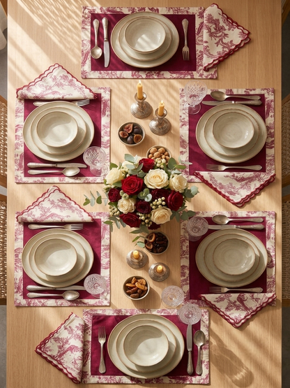 Red Toile Frame & Napkin Set | Toile Frame Placemats with Scalloped Napkins Set of 6