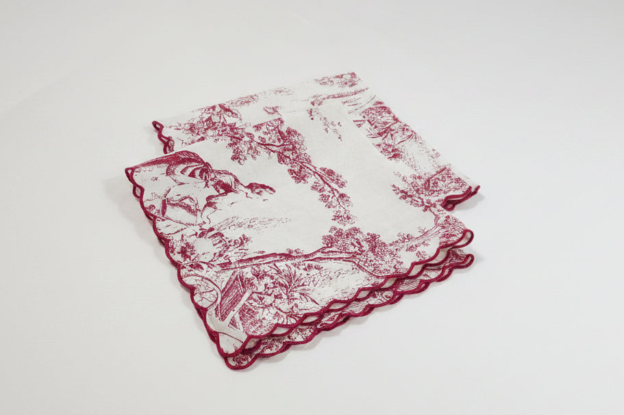 Red Toile napkins styled on dining table - Viraasa luxury French linens