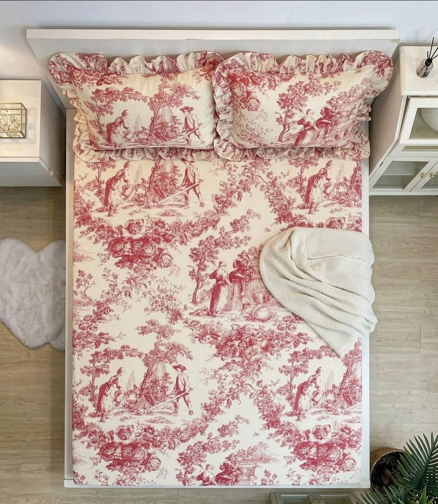 Red Toile de Jouy Cotton Bedsheet Set of 3 | Luxury French Print Bedding