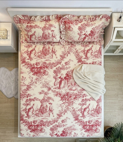Red Toile de Jouy Cotton Bedsheet Set of 3 | Luxury French Print Bedding