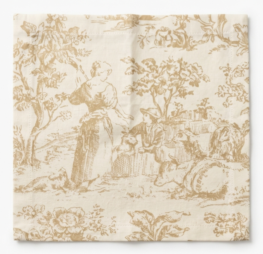 Beige Toile de Jouy print detail on cocktail napkin - Viraasa