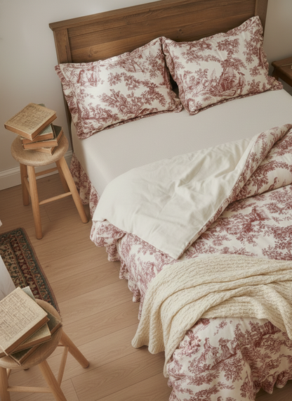 Red Toile de Jouy 3-Piece Comforter Set | Luxury French Print Bedding
