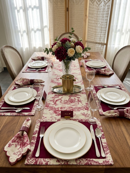 Red Toile Frame Table | Runner, Placemats & Scalloped Napkins Set