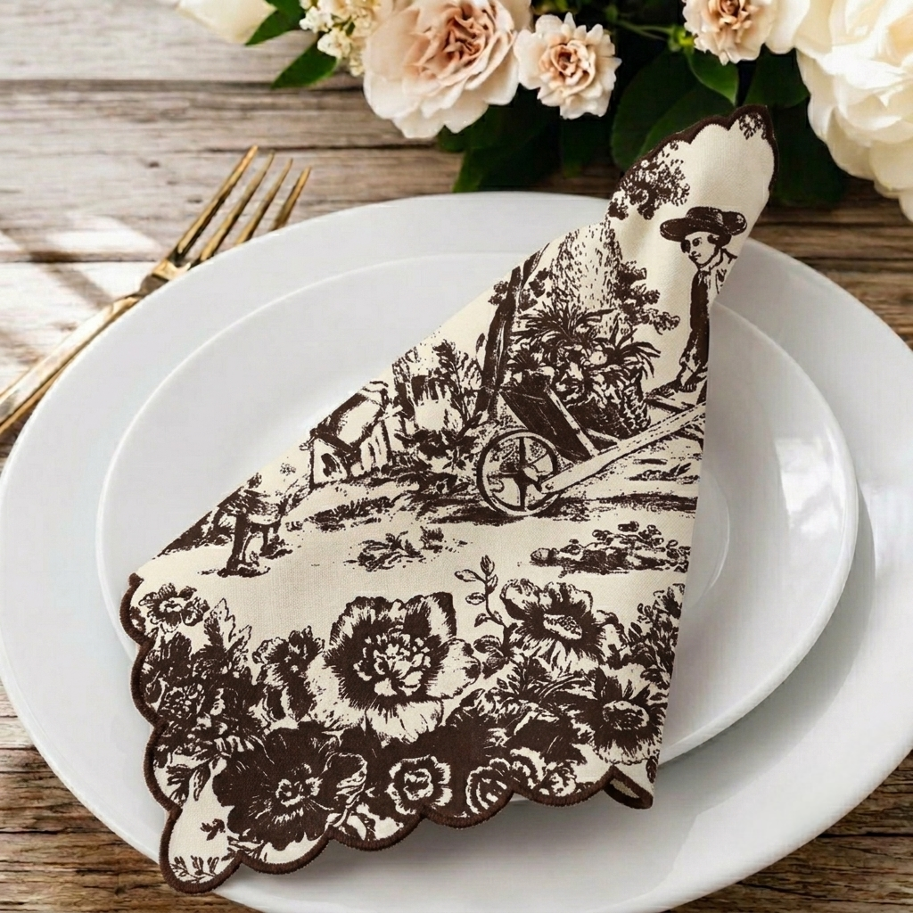 Cocoa Brown Toile de Jouy Scallop Napkins | Embroidered Set of 6