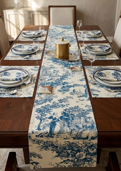 Blue Toile de Jouy Table Trio | Runner, Placemats & Napkins Set for 6