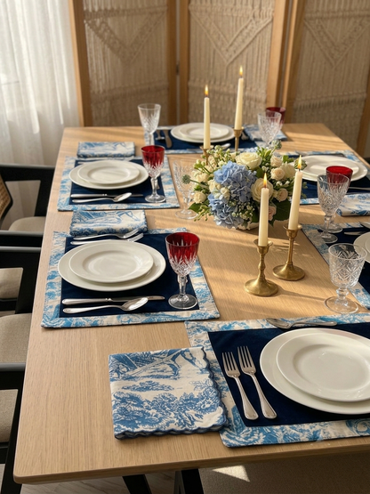 Blue Toile Frame & Napkin Set | Toile Frame Placemats with Scalloped Napkins Set of 6