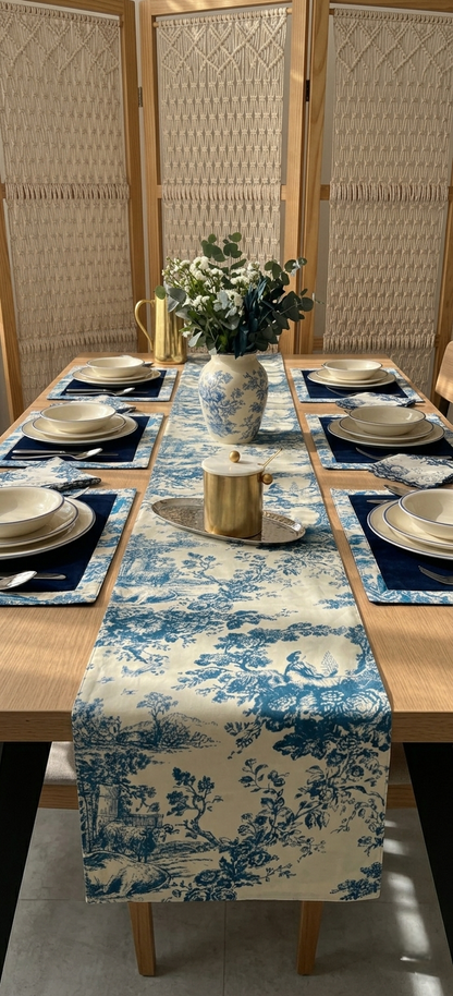 Blue Toile Frame Table | Runner, Placemats & Scalloped Napkins Set