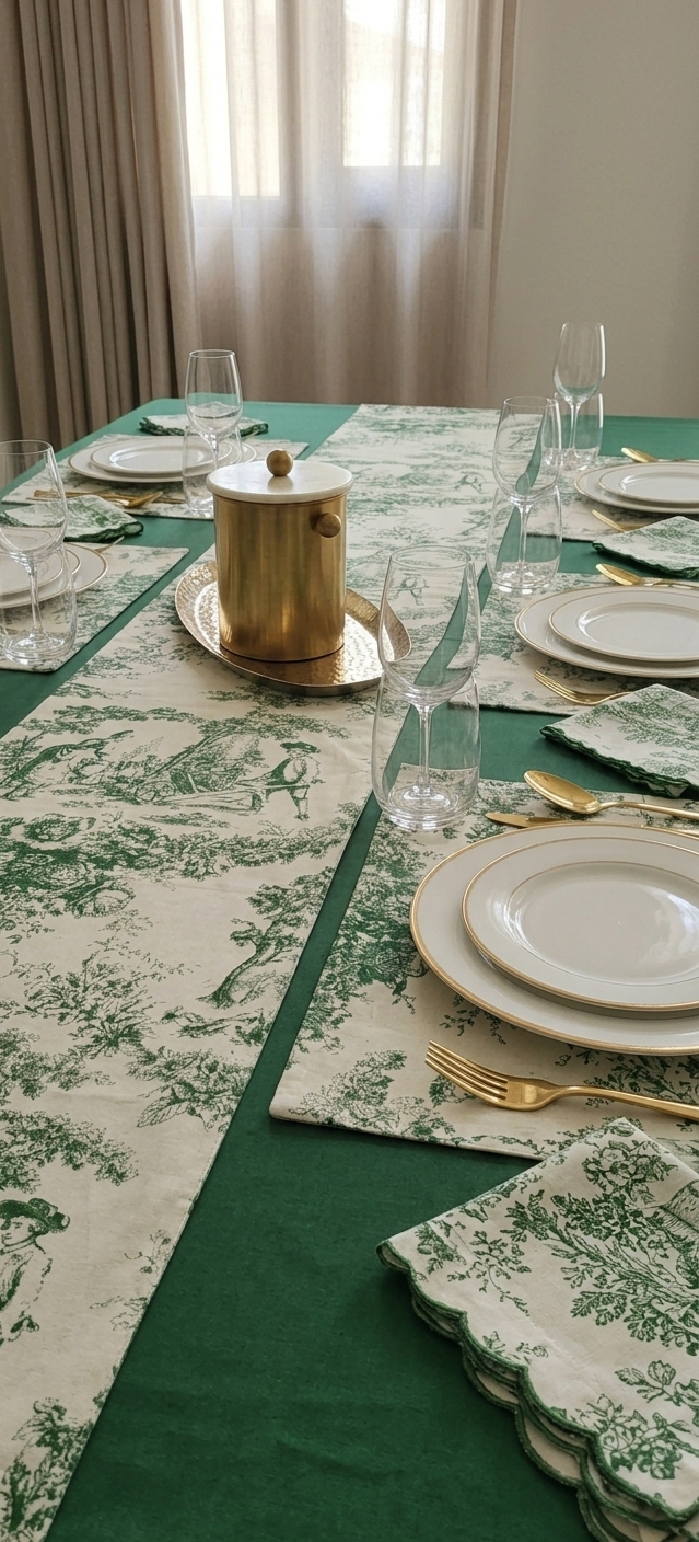 Green Toile de Jouy Complete Table Setting | Solid Cover, Runner, Placemats & Napkins Set