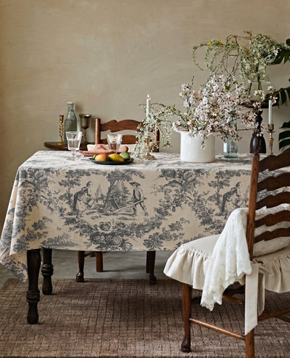 Grey Toile de Jouy Cotton Table Cover | French Print Tablecloth