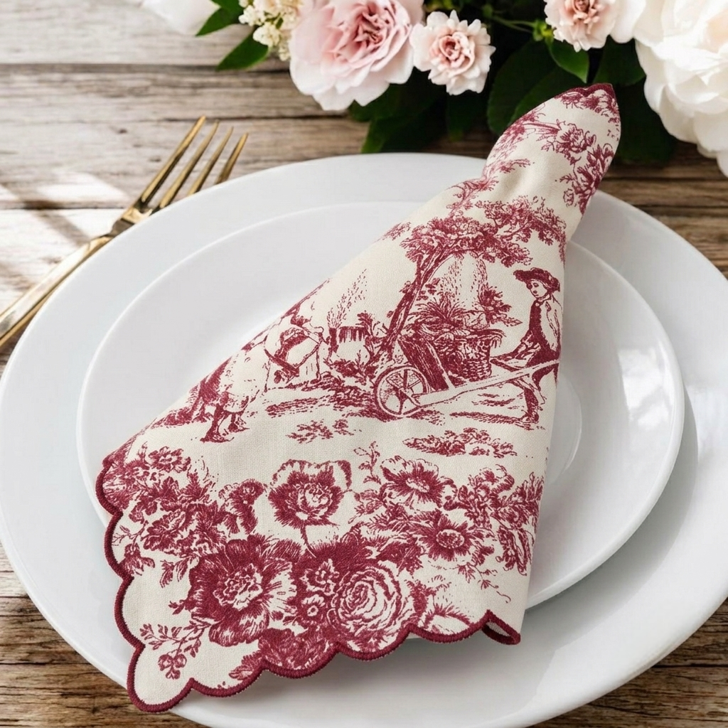 Crimson Red Toile de Jouy Scallop Napkins | Hand-Embroidered Set of 6