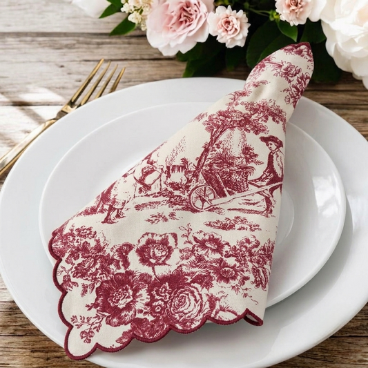 Crimson Red Toile de Jouy Scallop Napkins | Hand-Embroidered Set of 6