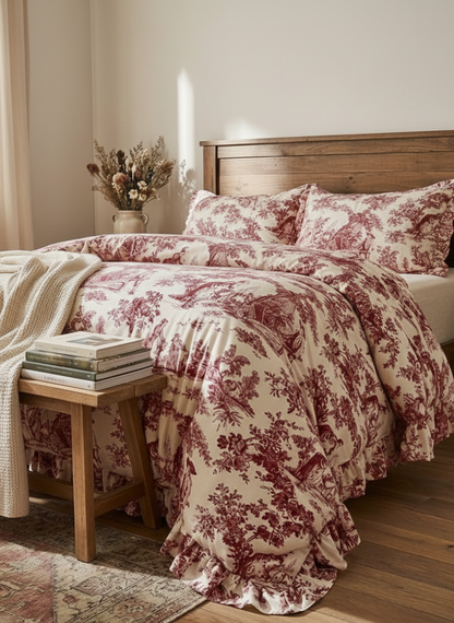 Red Toile de Jouy 3-Piece Comforter Set | Luxury French Print Bedding