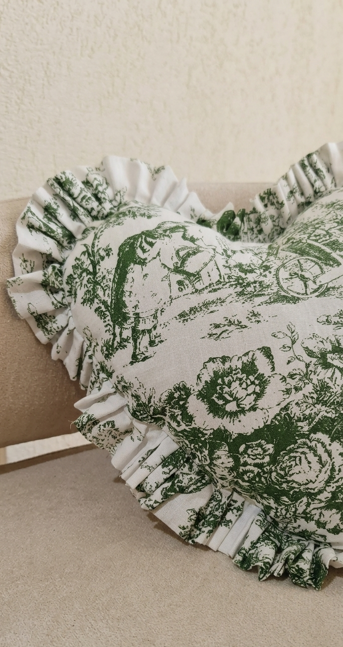 Green Toile de Jouy Heart Filled Cushion | Vintage French Print Decor