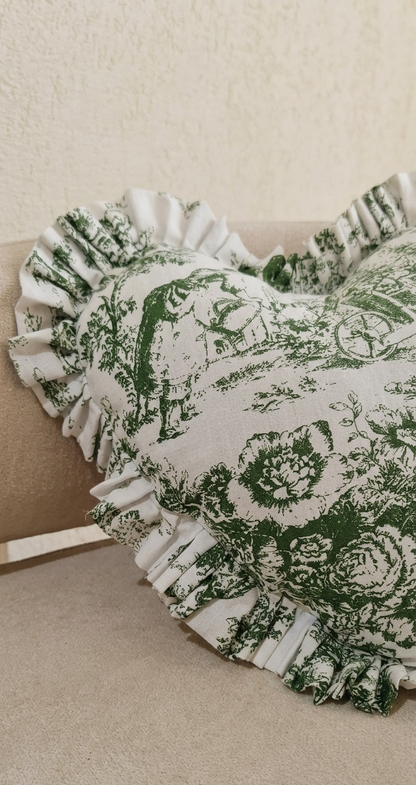 Green Toile de Jouy Heart Filled Cushion | Vintage French Print Decor