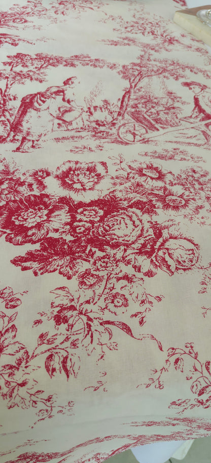 Red Toile de Jouy Table Cover & Napkins Set | Table Cover with 6 Scallop Napkins