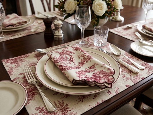 Dining table set with plates, glasses, and floral centerpiece.