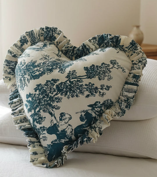 Back view of Blue Toile heart cushion - Viraasa luxury gifting