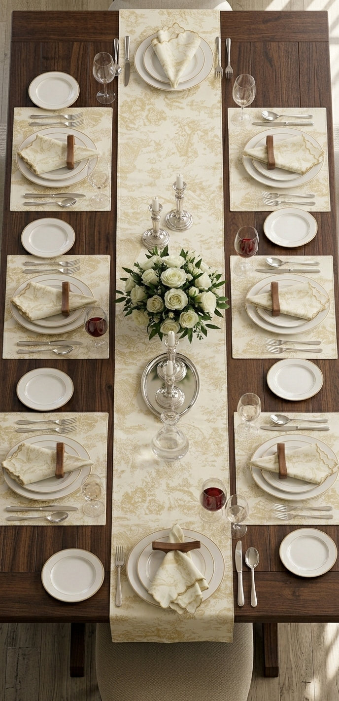 Beige Toile de Jouy Table Trio | Runner, Placemats & Napkins Set for 6