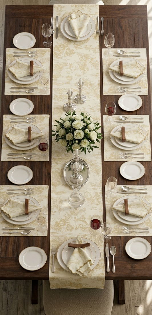 Beige Toile de Jouy Table Trio | Runner, Placemats & Napkins Set for 6