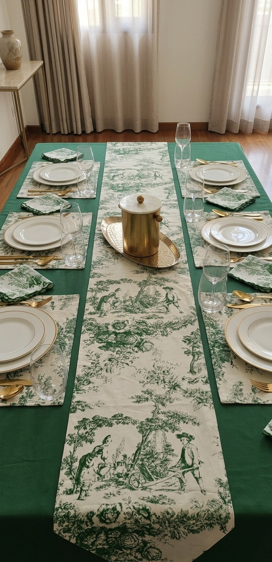 Green Toile de Jouy Complete Table Setting | Solid Cover, Runner, Placemats & Napkins Set