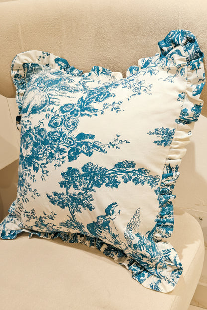 Blue Toile cushion styled on sofa - Viraasa luxury French linens