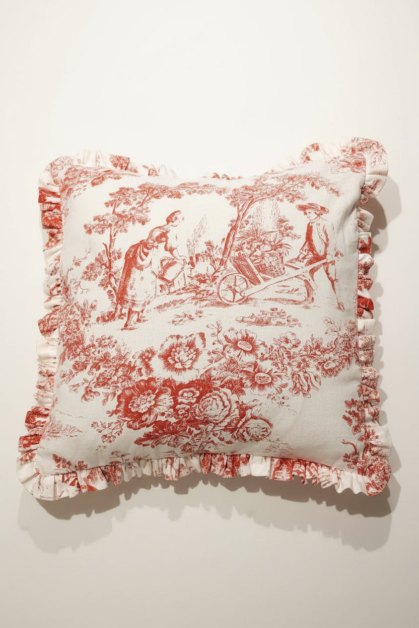 Brick pink Toile de Jouy print detail on cushion - Viraasa