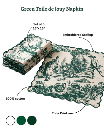 Forest Green Toile de Jouy Embroidered Napkins | Set of 6
