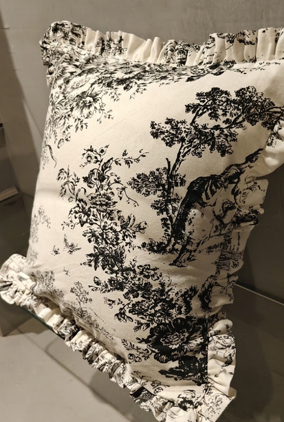 Black Toile cushion styled on sofa - Viraasa luxury French linens