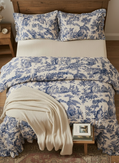 Blue Toile de Jouy 3-Piece Comforter Set | Luxury French Print Bedding