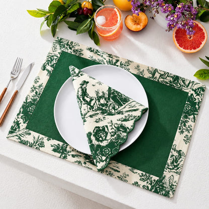Green Toile Frame & Napkin Set | Toile Frame Placemats with Scalloped Napkins Set of 6