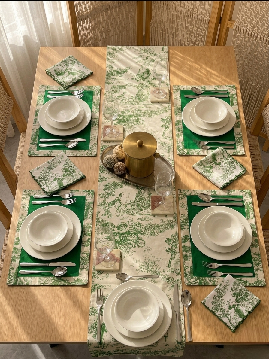 Green Toile Frame Table | Runner, Placemats & Scalloped Napkins Set
