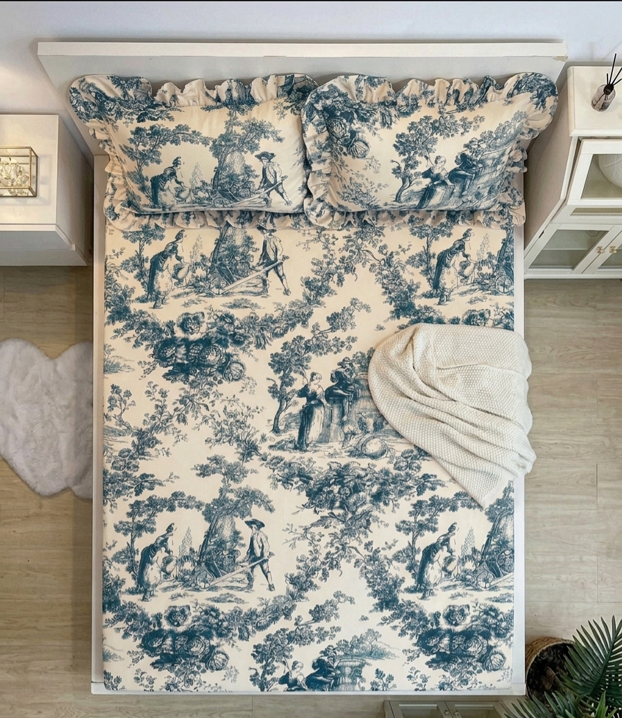 Blue Toile de Jouy Cotton Bedsheet Set of 3 | Luxury French Print Bedding