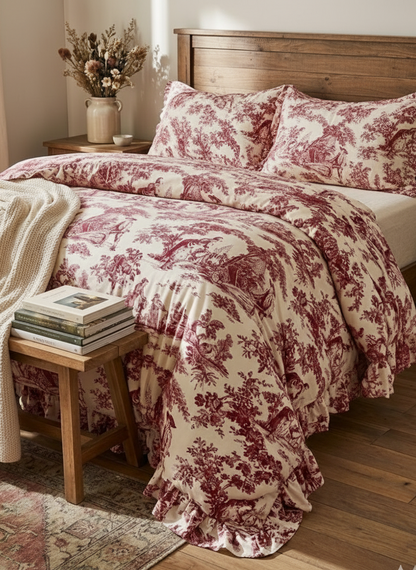 Red Toile de Jouy 3-Piece Comforter Set | Luxury French Print Bedding