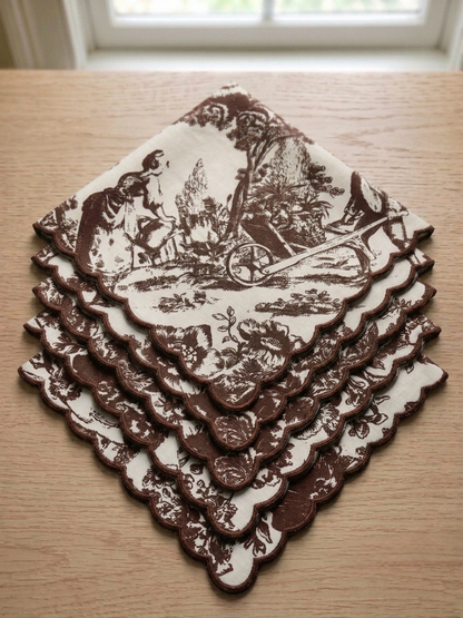 Cocoa Brown Toile de Jouy Scallop Napkins | Embroidered Set of 6