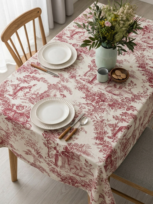 Red Toile de Jouy Cotton Table Cover | French Print Tablecloth