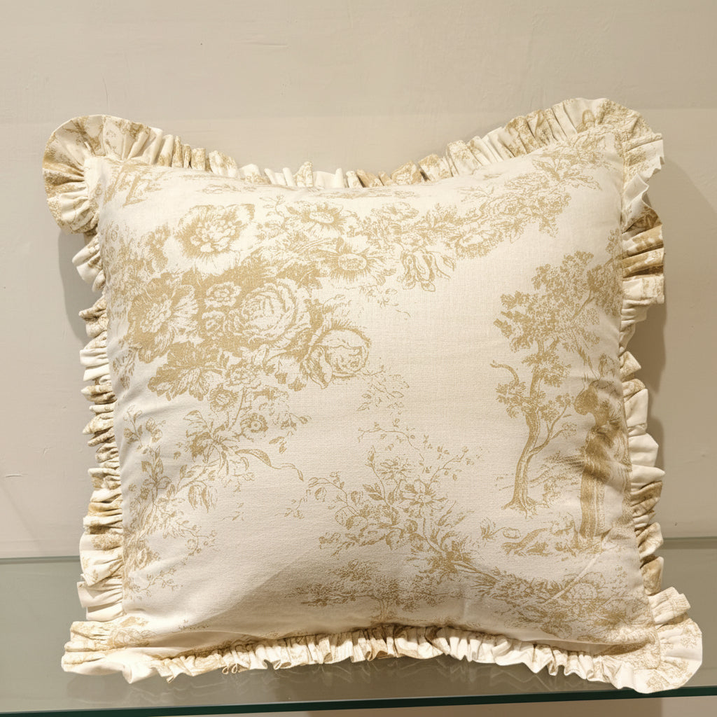 Beige Toile de Jouy print detail on cushion - Viraasa