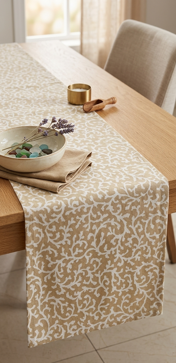 Beige Floral Manor Cotton Table Runner | Floral Print Dining Runner