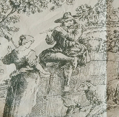 Black and white etching of a woman playing a flute on a stone wall with a sheep nearby.