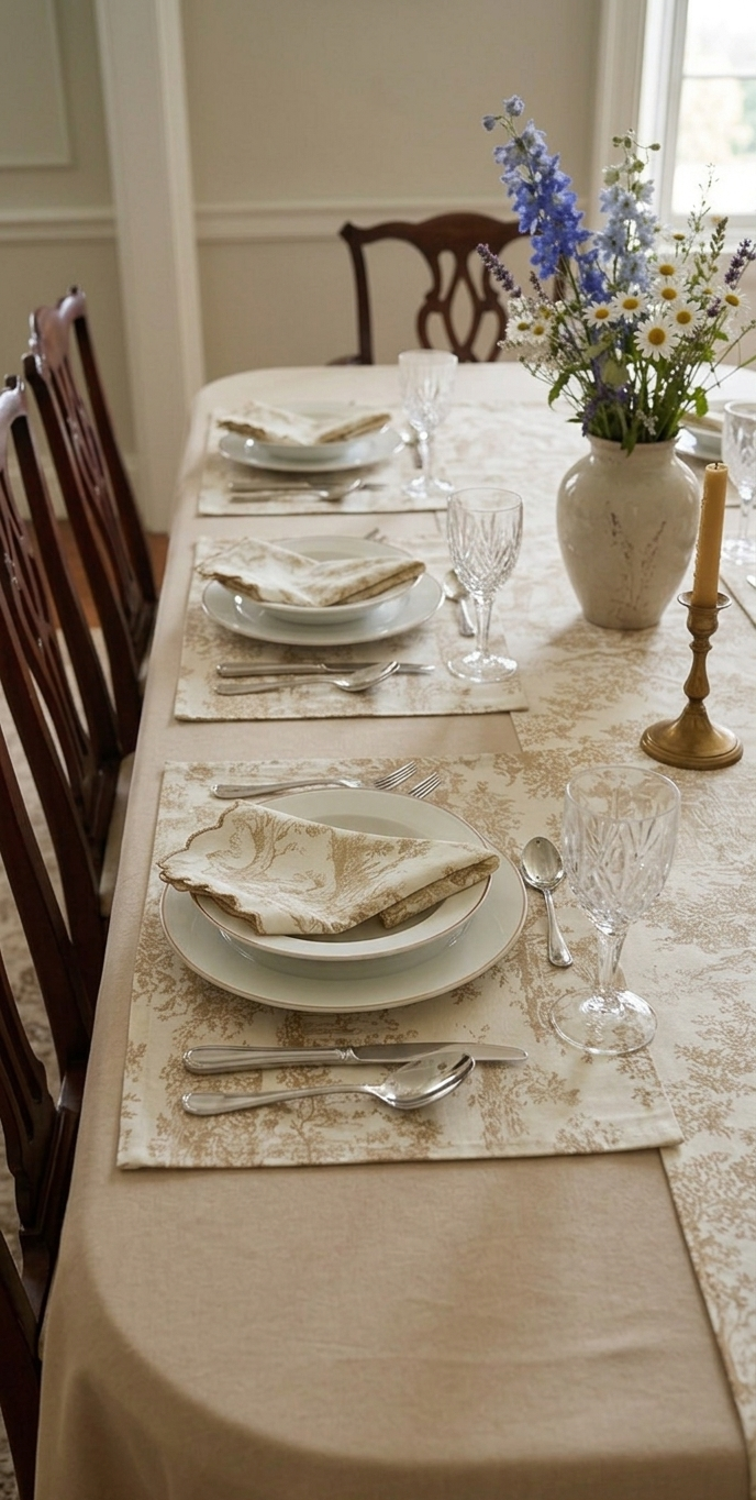 Beige Toile de Jouy Complete Table Setting | Solid Cover, Runner, Placemats & Napkins Set