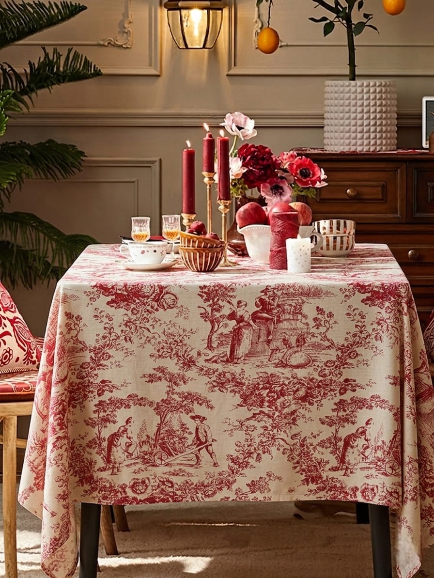 Red Toile de Jouy Cotton Table Cover | French Print Tablecloth