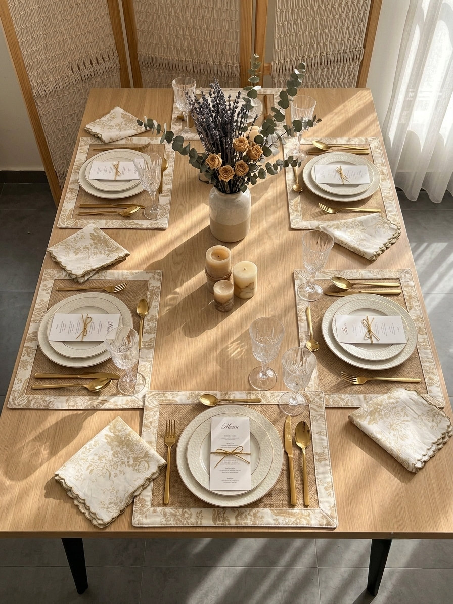 Beige Toile Frame & Napkin Set | Toile Frame Placemats with Scalloped Napkins Set of 6