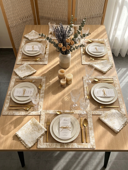 Beige Toile Frame & Napkin Set | Toile Frame Placemats with Scalloped Napkins Set of 6