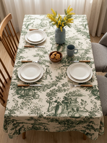 Green Toile de Jouy Cotton Table Cover | French Print Tablecloth